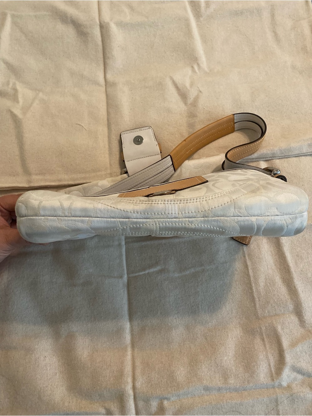 Coach White Signature Canvas Shoulder Bag with Tan Leather Trim and Bee Accent - Picture 6 of 10